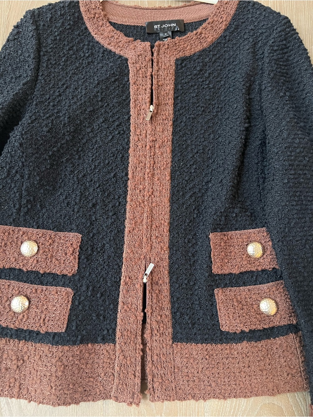 St. John Black and Brown Bouclé Zip-Front Jacket - Picture 4 of 7